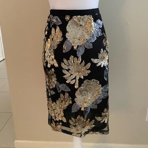 Forever 21 Black Pencil Skirt with Gold & Silver Sequin Floral Detail